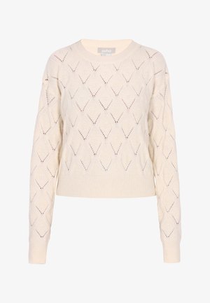 Jasnobeżowy sweter z dzianiny z wzorem w teksturowane diamenty, ściągaczami na mankietach i u dołu. Okrągły dekolt i długie rękawy.
