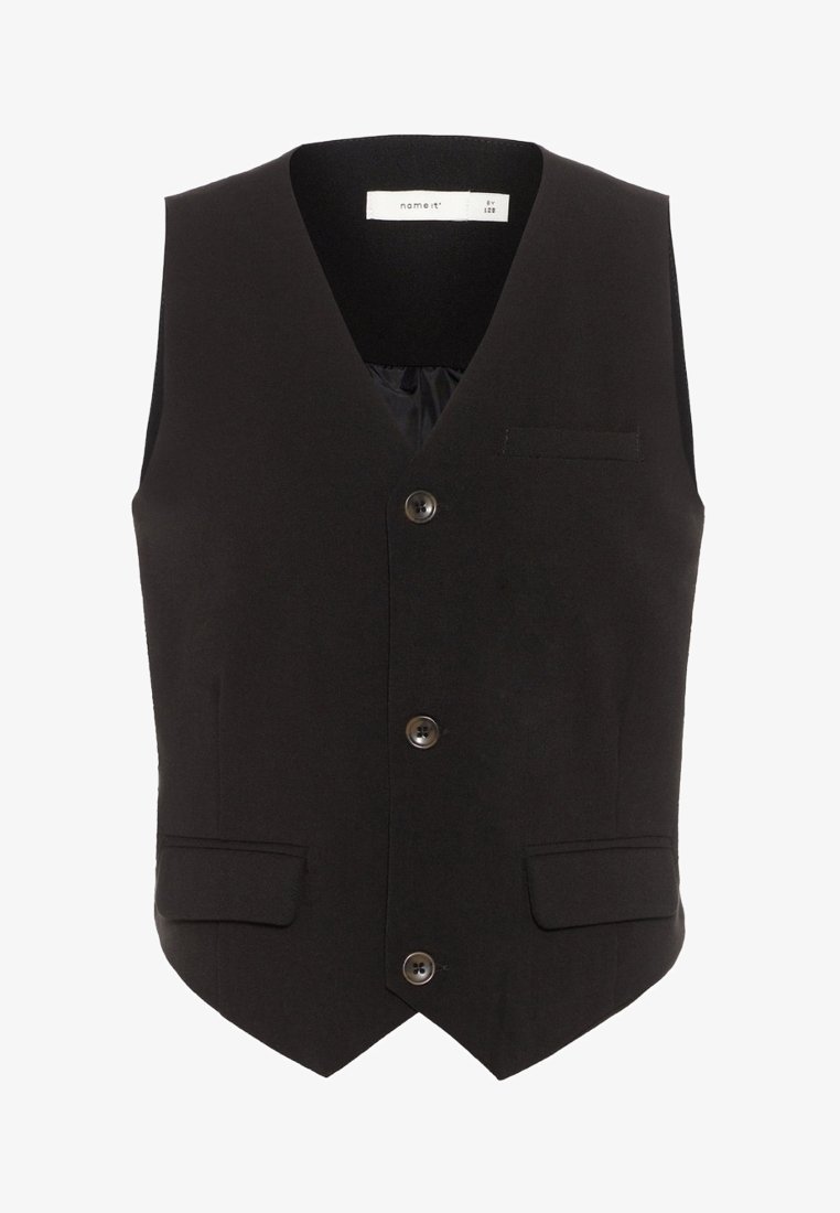 Gilet en laine noire avec un col en V, deux poches avant et trois boutons. L'intérieur est doublé, avec une texture lisse et une coupe ajustée.