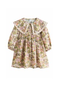 Rochie florală în culori pastelate, cu mâneci lungi, talie strânsă și guler zimțat. Fabricată dintr-un material moale cu un model de flori și frunze.