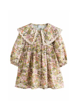 Blumenkleid in Pastellfarben mit langen Ärmeln, geraffter Taille und gewelltem Kragen. Hergestellt aus weichem Stoff mit einem Muster aus Blumen und Blättern.