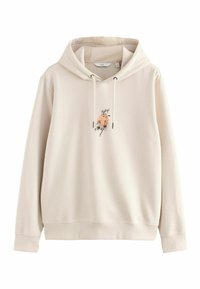 Sudadera color crema hecha de un tejido suave, con un diseño floral frontal en negro y naranja, capucha con cordón y puños acanalados.