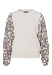 Crème sweatshirt met gemusterde, gathered mouwen in donkerbruin. Heeft een ronde hals en een geribbelde zoom. Glad textuur, casual ontwerp.
