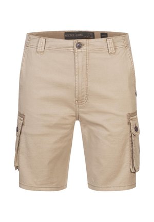 Beige cargoshorts lavet af bomuld, med to sidelommer med knaplukninger, en lynlås og syninger på linningen.