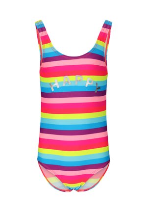 Badedragt i ét stykke med vandrette regnbuestriber og sølvglitrende bogstaver, der staver "GLAD" hen over brystet.