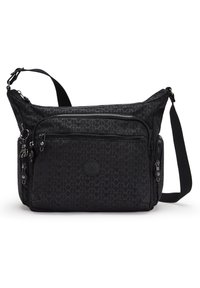 Black patterned crossbody bag made of durable material, featuring zippered pockets, a woven strap, and an embossed logo on the front.