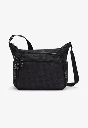 Sac à bandoulière noir à motif, fabriqué en matériau durable, avec des poches zippées, une sangle tissée et un logo en relief à l'avant.