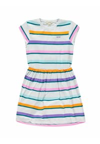 Sukienka dziecięca z krótkim rękawem, elastyczny pas, biały tle, poziome paski w kolorze turkusowym, pomarańczowym, fioletowym i różowym, logo Esprit na klatce piersiowej.