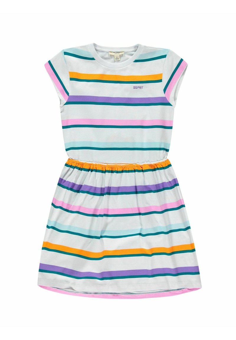 Sukienka dziecięca z krótkim rękawem, elastyczny pas, biały tle, poziome paski w kolorze turkusowym, pomarańczowym, fioletowym i różowym, logo Esprit na klatce piersiowej.
