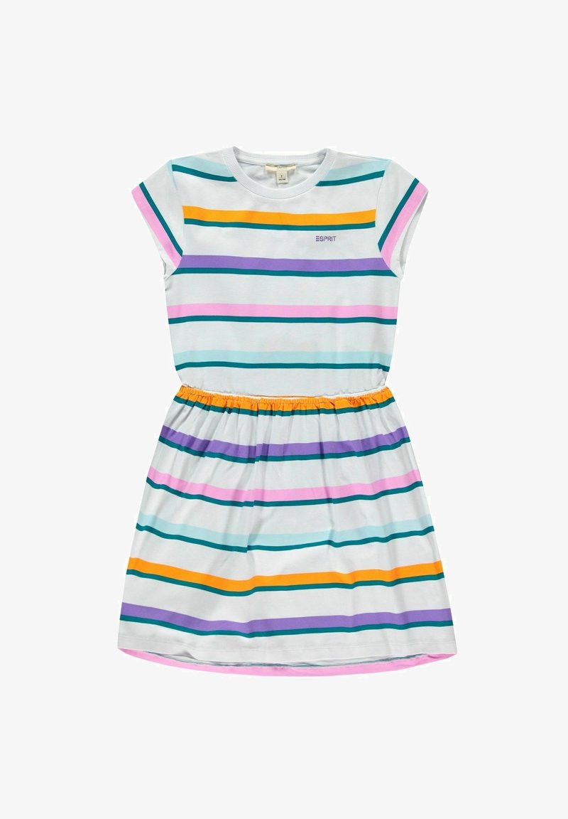Sukienka dziecięca z krótkim rękawem, elastyczny pas, biały tle, poziome paski w kolorze turkusowym, pomarańczowym, fioletowym i różowym, logo Esprit na klatce piersiowej.