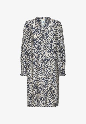 Patterned dress featuring a navy background with cream abstract designs, long sleeves with elastic cuffs, and a mandarin collar.