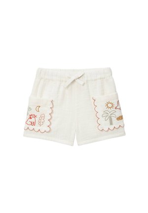 Short blanc pour tout-petit avec taille élastique, cordon de serrage et poches festonnées brodées de motifs soleil, palmier, chat et lune.