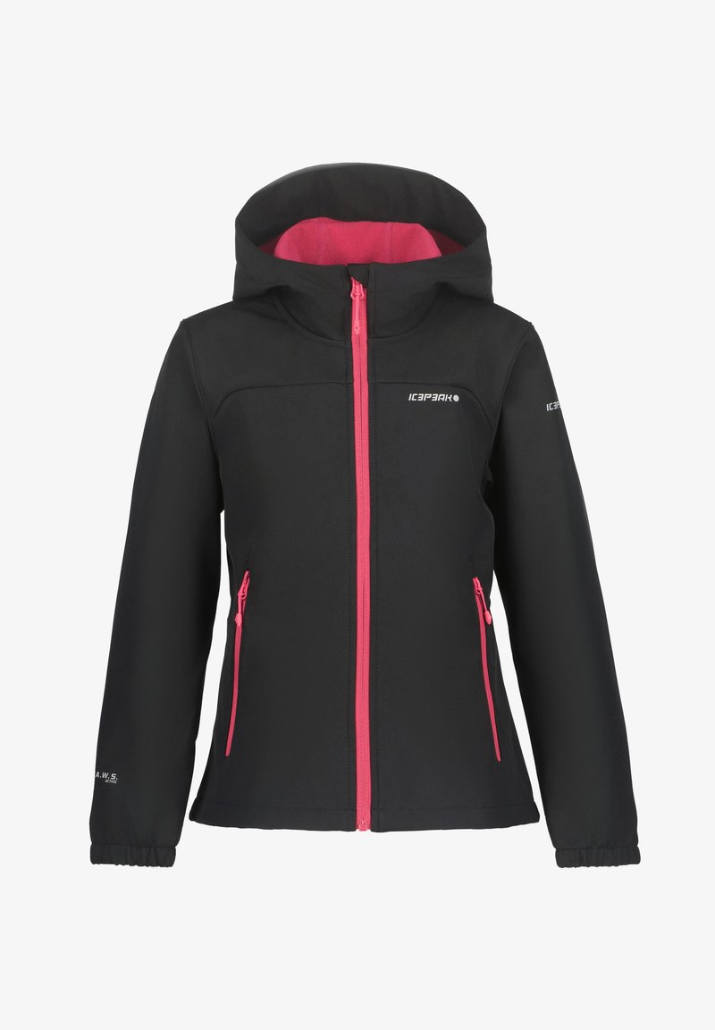 Schwarze Softshell-Jacke mit pinken Akzenten. Sie verfügt über einen durchgehenden Reißverschluss vorne, zwei Seitentaschen und eine Kapuze. Hergestellt aus einem glatten, dehnbaren Stoff.