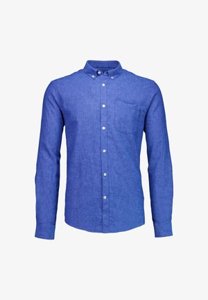 Blauw, linnen overhemd met lange mouwen, knoopsluiting, voorzien van een borstzak aan de linkerzijde, een puntige kraag en witte knopen. Gladde textuur.