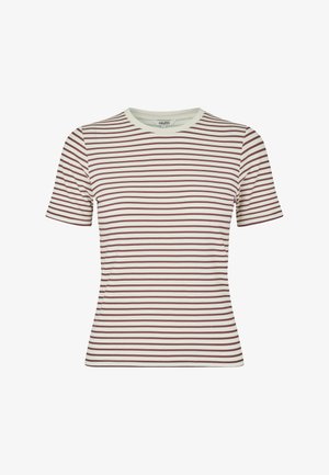 Majica na pruge u krem boji s bordo horizontalnim prugama, s okruglim izrezom i kratkim rukavima. Izrađena od mekanog, laganog materijala.