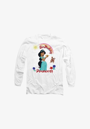 Long-sleeve white shirt featuring a cartoon character with black hair, holding a lamp. "Birthday Princess" text in red, surrounded by flowers and sun.