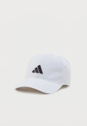Cappellino da baseball bianco con logo Adidas nero sul davanti, mostrato su uno sfondo bianco semplice.