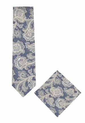 Blaue Krawatte und passendes Einstecktuch mit beigem und hellgrauem Paisley-Blumenmuster.