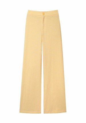 Pantalones de pierna ancha a cuadros amarillos con cinturilla plana y cierre de un solo botón. Tela suave y un ajuste suelto, adecuados para un look casual.
