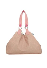 Borsa beige con motivo a macchie rosa, dotata di manici in pelle rosa e accessori in metallo. Design spazioso con una texture morbida.