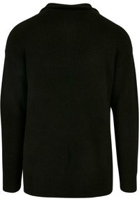 Pull en tricot noir côtelé avec un col haut, des manches longues et une coupe décontractée. Présente un motif texturé sur l'ensemble du tissu.