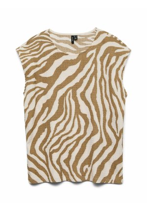 Beige og hvid ærmeløs top med zebrastribet mønster. Tekstureret stof med rund halsudskæring og let oversized pasform.