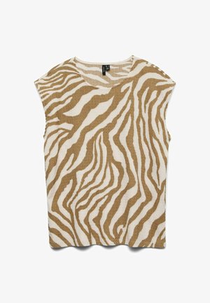 Beige en witte mouwloze top met een zebraprint. Textuurstof met een ronde halslijn en een licht oversized pasvorm.
