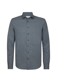 Camicia a maniche lunghe con bottoni in tessuto grigio scuro. Presenta un colletto classico, sette bottoni sul davanti e una finitura liscia e testurizzata.