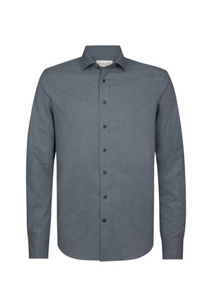 Camicia a maniche lunghe con bottoni in tessuto grigio scuro. Presenta un colletto classico, sette bottoni sul davanti e una finitura liscia e testurizzata.