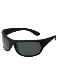 Ochelari de soare negri, tip wraparound, cu lentile verde închis. Finisaj mat, design curbat, cu brațe drepte și branding subtil pe lateral.