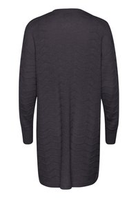 Cardigan lavorato a maglia grigio scuro con un motivo a zigzag, maniche lunghe e una vestibilità ampia. La texture è a costine e morbida, con un orlo dritto.