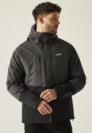 Black and gray outdoor jacket with a hood, featuring zippered pockets, adjustable cuffs, and a water-resistant finish.