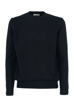 Czarny sweter z okrągłym dekoltem, wykonany z miękkiej dzianiny, z prążkowanymi mankietami i dołem, zapewniającymi dopasowane, komfortowe noszenie. Prosty design bez wzorów i akcentów.
