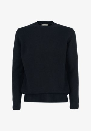 Czarny sweter z okrągłym dekoltem, wykonany z miękkiej dzianiny, z prążkowanymi mankietami i dołem, zapewniającymi dopasowane, komfortowe noszenie. Prosty design bez wzorów i akcentów.