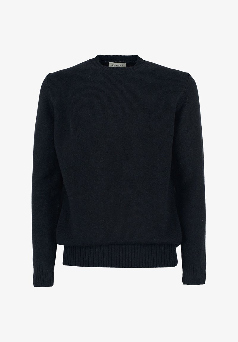 Zwarte crewneck trui van zacht breigoed, met ribgebreide manchetten en zoom voor een perfecte pasvorm. Eenvoudig ontwerp zonder patronen of accenten.