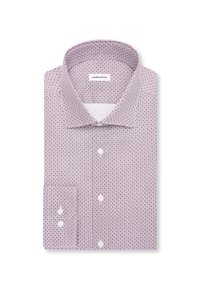 Chemise habillée homme pliée avec petit motif géométrique violet et boutons blancs, avec un col large et des poignets à boutons.