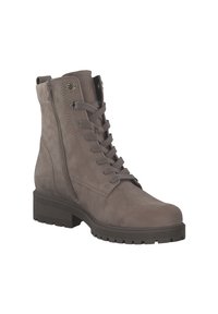 Stivale alla caviglia in suede grigio con punta tonda, lacci sul davanti, zip laterale e suola in gomma testurizzata. Dotato di occhielli in metallo e tallone rinforzato.