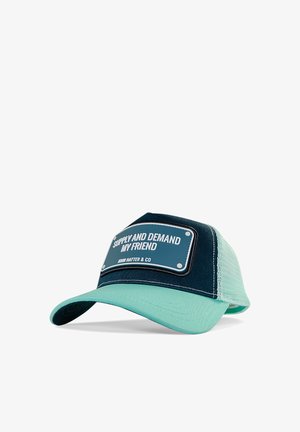 Trucker cap with a dark blue front, mint green mesh back, and a rectangular patch displaying "SUPPLY AND DEMAND MY FRIEND" in white text.
