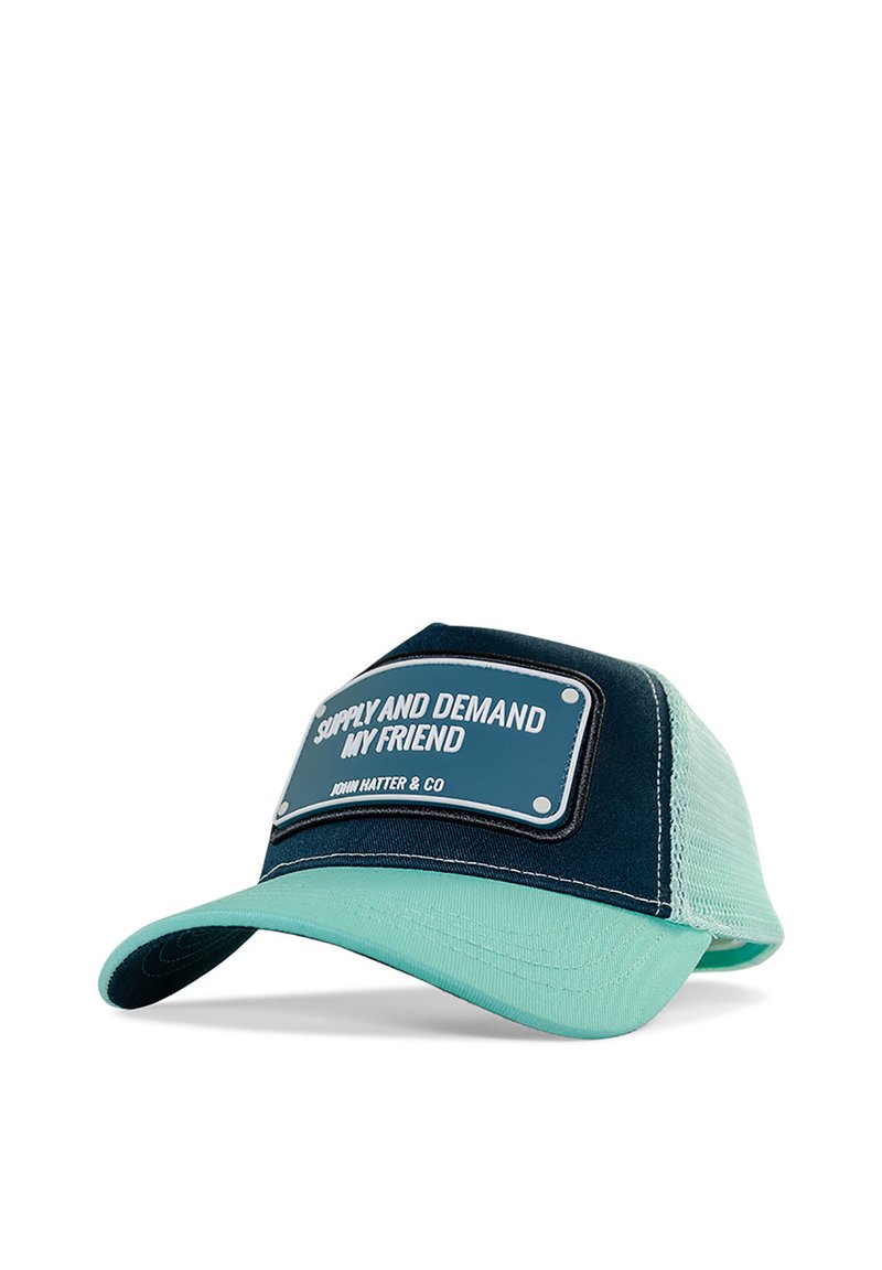 Trucker cap with a dark blue front, mint green mesh back, and a rectangular patch displaying "SUPPLY AND DEMAND MY FRIEND" in white text.