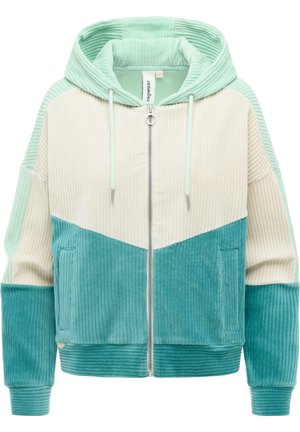 Gebreid corduroy jack met capuchon, volledige ritssluiting, trekkoord in de capuchon en een kleurblokdesign in crèmekleur, licht muntgroen en teal blauw.