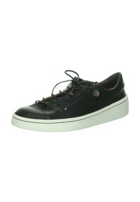 Schwarze Ledersneaker mit texturiertem Finish, weißer Gummisohle, kontrastierenden Schnürsenkeln und seitlichem Reißverschlussdetail. Verfügt über ein Logo an der Seite.