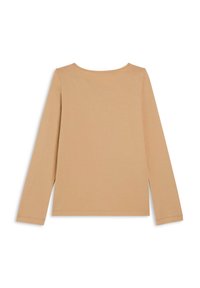 Maglietta beige a maniche lunghe con collo girocollo stesa piatta, che mostra il retro completo con cuciture semplici e nessun design o decorazione visibile.