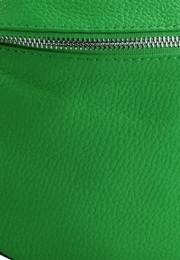 Groen lederen etui met een zilveren rits. Het oppervlak toont een korrelig patroon met zichtbare stiknaden langs de rand van de rits.