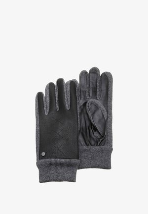 Leather and gray knit gloves with a textured black leather palm, ribbed cuffs, and diamond pattern detailing on the back.
