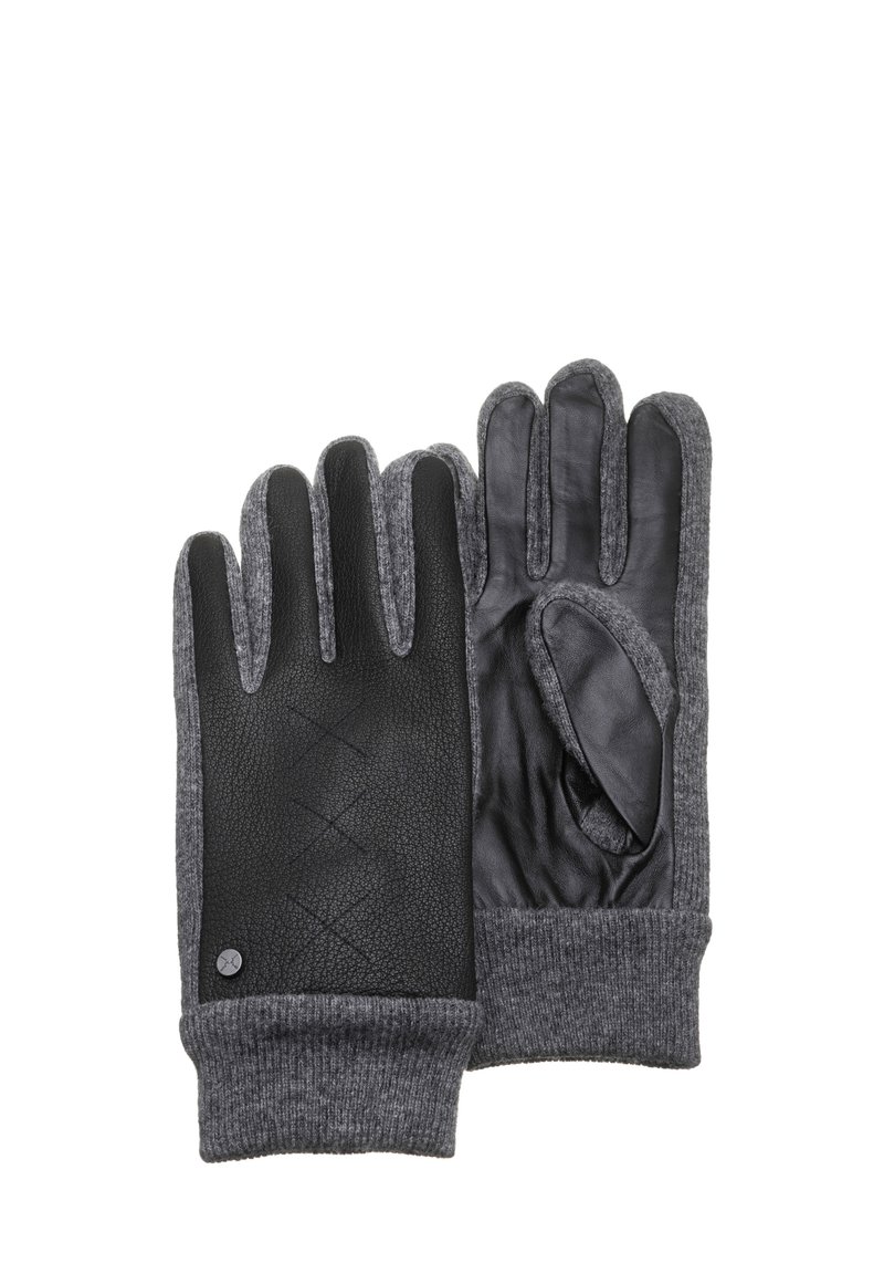 Kožené a šedě pletené rukavice s texturovanou černou koženou dlaní, vroubkovanými manžetami a vyvýšeným vzorem diamantu na hřbetu.