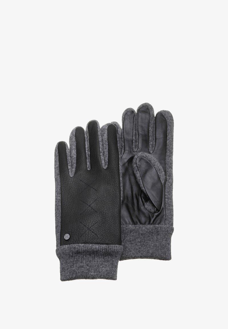 Odiniai ir pilki megzti pirštinės su tekstūruota juoda odine delnu, raukšlėtomis apykaklėmis ir deimanto rašto detalėmis ant nugaros.