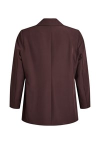 Blazer marron avec une coupe ajustée, présentant un col à revers et des manches longues. Tissu lisse avec un minimum de détails de couture au dos.