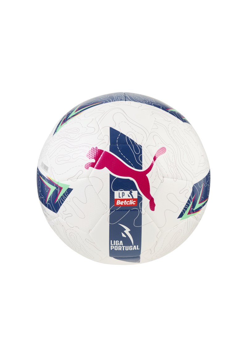Puma fodbold med en hvid, tekstureret overflade, der har blå detaljer og et pink logo. Inkluderer branding for Liga Portugal og Betclic.