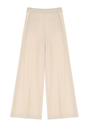 Pantaloni beige a gamba larga con vita alta, caratterizzati da pieghe sottili, texture liscia e senza tasche o decorazioni visibili.
