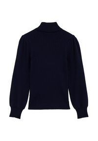 Sötétkék bordázott kötött pulóver magas gallérral, hosszú ujjakra és ballon stílusú mandzsettákra. Az anyag texturált megjelenésű.