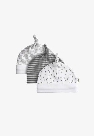 Kolm pehmet beebimütsi sõlmitud otsaga, millel on hall elevandiprint, hallid ja valged triibud ning hallid tähed valgetel taustadel.